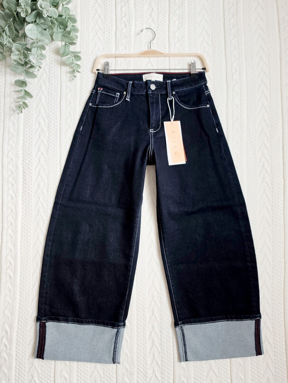 RISEN Deep Dark Wash Cuffed Barrel Jeans Cropped Stretch Classic Various NEW - Picture 4 of 15
